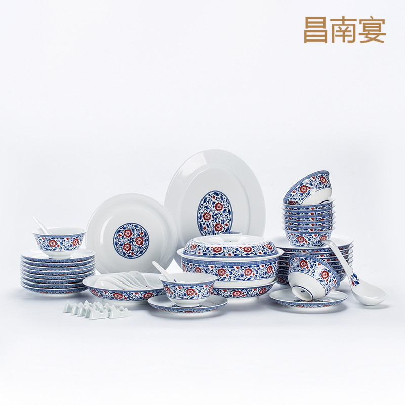 青花釉里红缠枝莲53头餐具套装